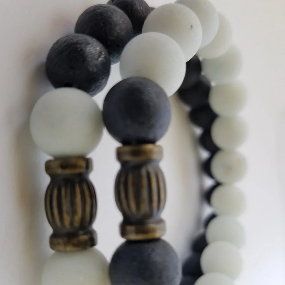 Hand Crafted Couple's Navy White Stone Beaded Bracelets Lava Stretch